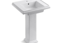 Kohler® 2844-1-0 Tresham® Bathroom Sink Basin With Overflow Drain, Squared Shape, 24 in W x 19-1/2 in D x 34-5/8 in H, Wall Mount, Fireclay, White